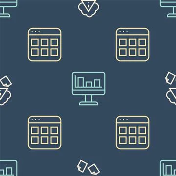 Set line Cloud hacking, Browser files and Monitor with graph chart on seamles Stock Illustration