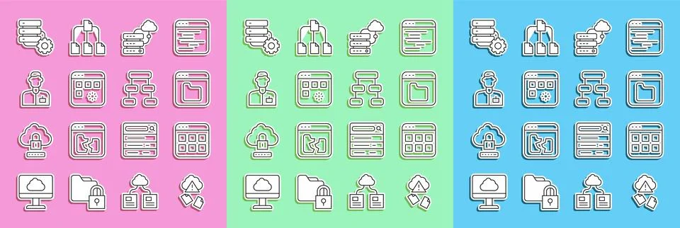 Set line Cloud hacking, Browser files, Network cloud connection, Loading data Illustrazione stock