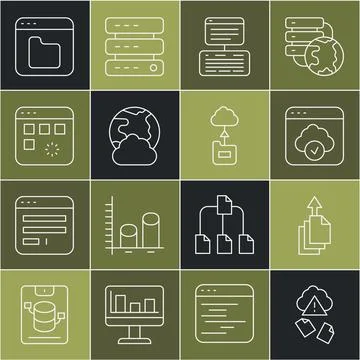 Set line Cloud hacking, Data export, technology data transfer, Server, Data, Web Stock Illustration