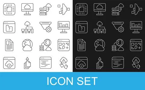 Set line Cloud hacking, Different files, Monitor with graph chart, Network cloud Stock Illustration