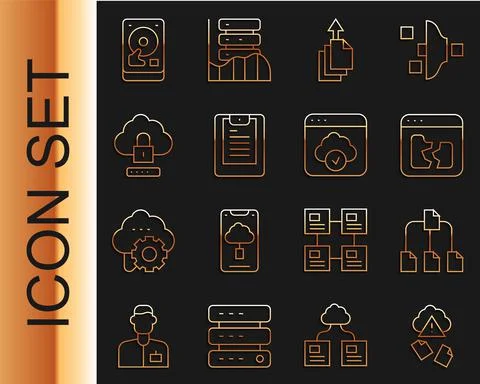 Set line Cloud hacking, Folder tree, Broken file, Data export, Server, report Stock Illustration