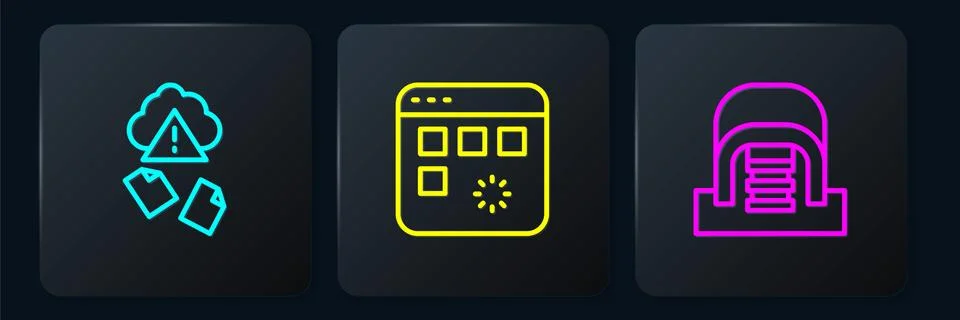 Set line Cloud hacking, Hangar with servers and Loading data window. Black Illustrazione stock