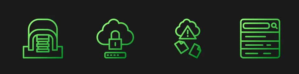 Set line Cloud hacking, Hangar with servers, computing lock and Search engine Illustrazione stock