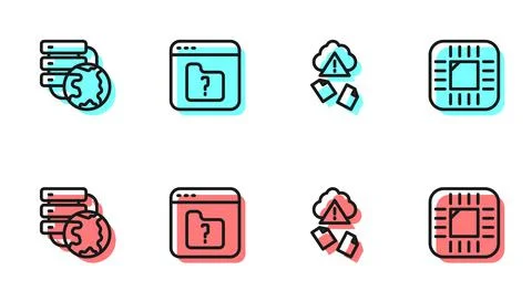 Set line Cloud hacking, Network cloud connection, File missing and Processor 스톡 일러스트