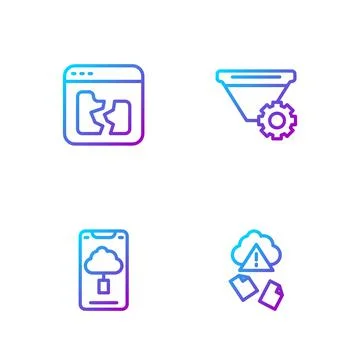 Set line Cloud hacking, technology data transfer, Broken file and Filter setting Illustrazione stock