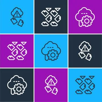 Set line Cloud hacking, technology data transfer and Data stream icon. Vector Stock Illustration