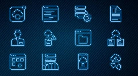 Set line Cloud hacking, technology data transfer, Server and gear, Analyst en Illustrazione stock