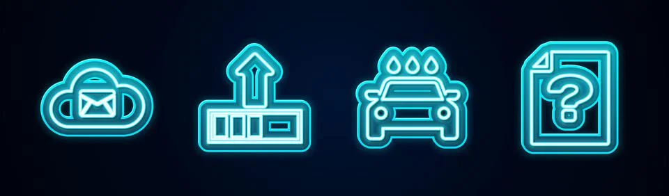 Set line Cloud mail server, Loading, Car wash and Unknown document. Glowing neon Stock Illustration