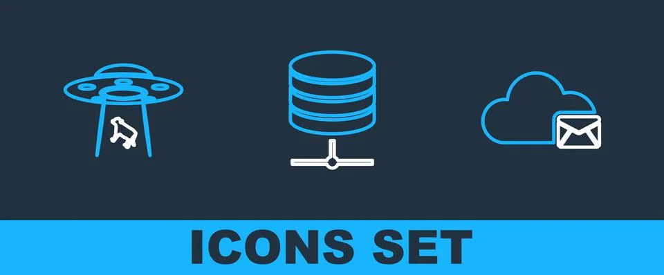 Set line Cloud mail server, UFO abducts cow and Server, Data, Web Hosting ico Illustrazione stock