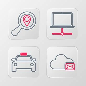 Set line Cloud mail server, Taxi car, Computer network and Search location ic Stock Illustration