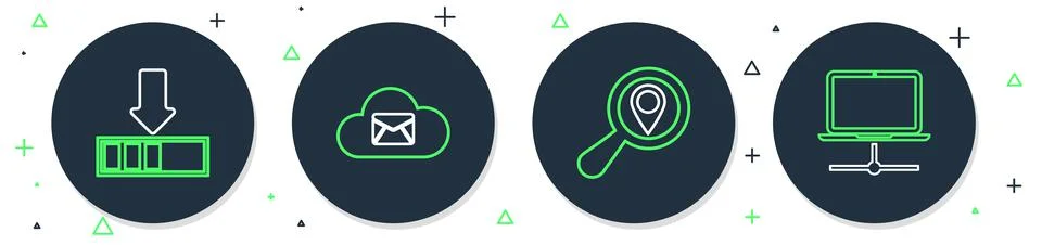 Set line Cloud mail server, Search location, Loading and Computer network ico Illustrazione stock