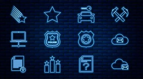 Set line Cloud mail server, Car rental, Police badge, Computer network, Falling Stock Illustration