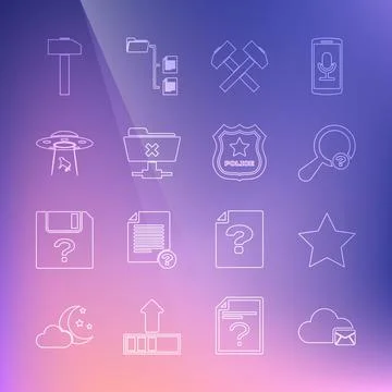 Set line Cloud mail server, Star, Unknown search, Two crossed hammers, FTP Illustrazione stock