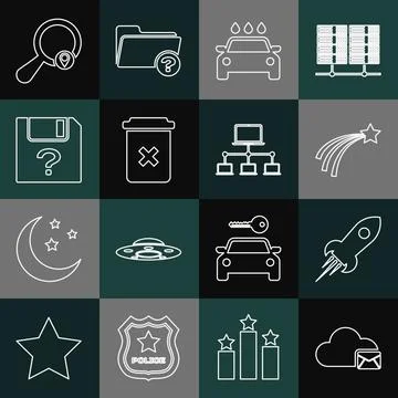 Set line Cloud mail server, Rocket ship with fire, Falling star, Car wash, Trash Stock Illustration