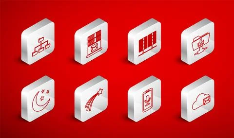 Set line Cloud mail server, Mail, Server, Data, Web Hosting, FTP folder download Stock Illustration