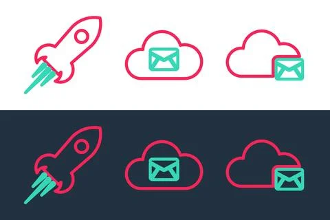 Set line Cloud mail server, Rocket ship with fire and icon. Vector 스톡 일러스트