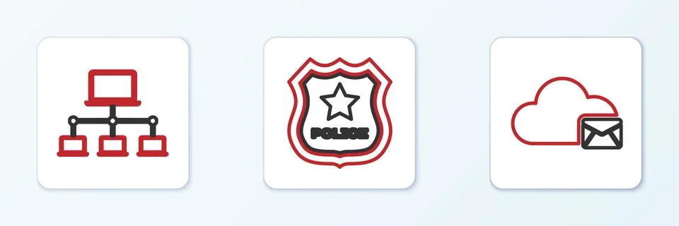 Set line Cloud mail server, Computer network and Police badge icon. Vector Illustrazione stock
