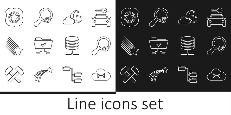 Set line Cloud mail server, Unknown search, with moon and stars, FTP operat.. Stock Illustration
