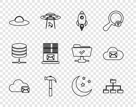 Set line Cloud mail server, Folder tree, Rocket ship with fire, Hammer, UFO.. Stock Illustration