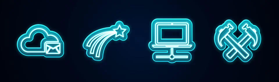 Set line Cloud mail server, Falling star, Computer network and Two crossed ha Stock Illustration