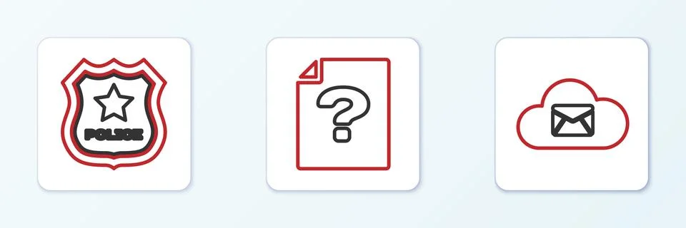 Set line Cloud mail server, Police badge and Unknown document icon. Vector Stock Illustration