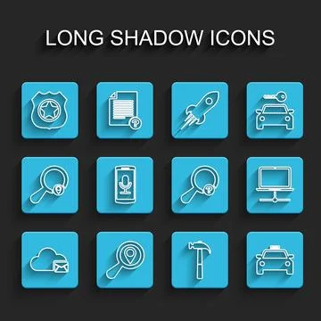 Set line Cloud mail server, Search location, Police badge, Hammer, Taxi car.. イラスト素材