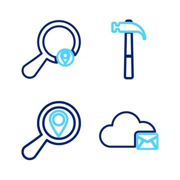 Set line Cloud mail server, Search location, Hammer and  icon. Vector Illustrazione stock