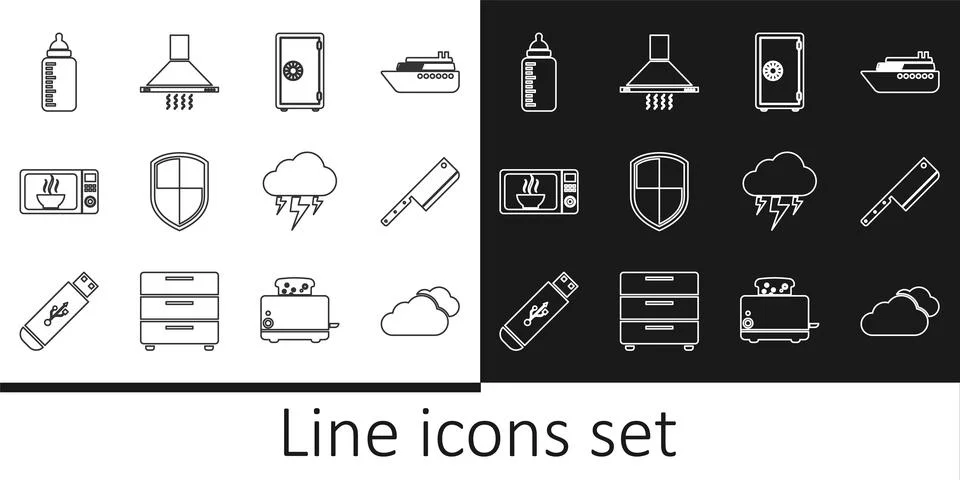 Set line Cloud, Meat chopper, Safe, Shield, Microwave oven, Baby bottle, Storm Illustrazione stock