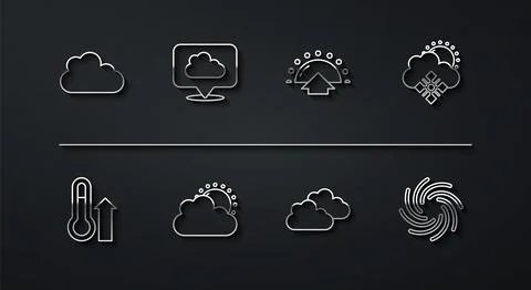 Set line Cloud, Meteorology thermometer, with snow and sun, Sun cloud weather Stock Illustration