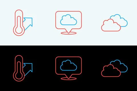Set line Cloud, Meteorology thermometer and Location cloud icon. Vector Illustrazione stock