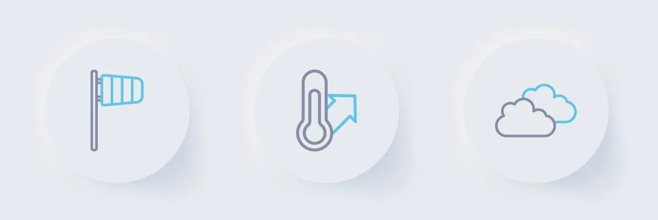 Set line Cloud, Meteorology thermometer and Cone windsock wind vane icon. V.. 스톡 일러스트