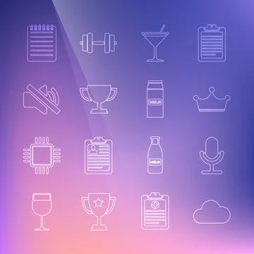 Set line Cloud, Microphone, Crown, Martini glass, Trophy cup, Speaker mute, N Ilustración de archivo