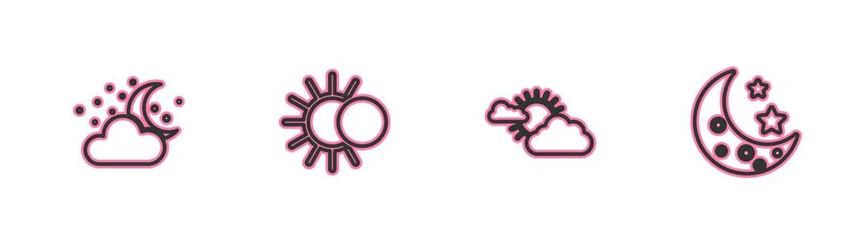 Set line Cloud with moon and stars, Sun cloud weather, Eclipse of sun and Moon Ilustração Stock