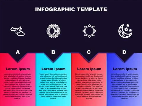 Set line Cloud with moon and stars, Eclipse of the sun, Sun and Moon. Business Ilustração Stock