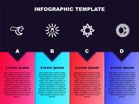 Set line Cloud with moon and stars, Sunset, and Eclipse of the sun. Business Ilustração Stock