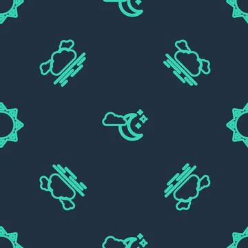 Set line Cloud with moon and stars, and Sun on seamless pattern. Vector Stock Illustration