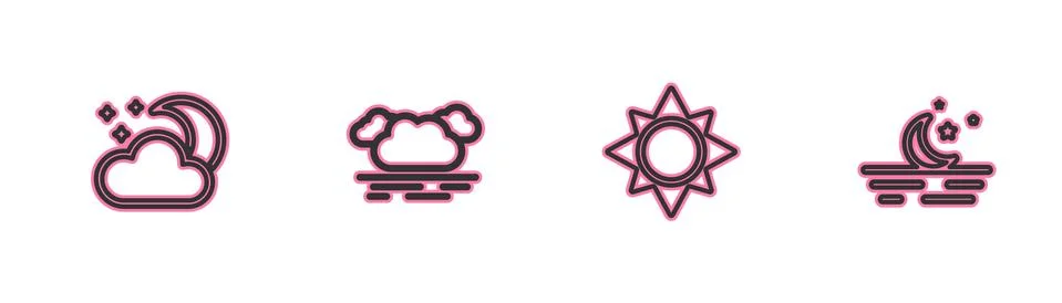 Set line Cloud with moon and stars, Sun, and Moon icon. Vector Illustrazione stock