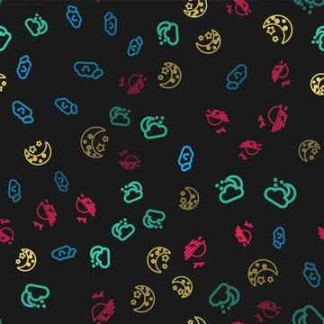 Set line Cloud, with moon and stars, Moon and Sunset on seamless pattern. Vector Stock Illustration