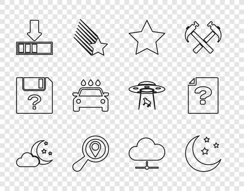 Set line Cloud with moon and stars, Moon, Star, Search location, Loading, Car 库存插图