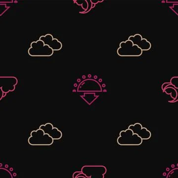 Set line Cloud with moon, and Sunset on seamless pattern. Vector Stock Illustration