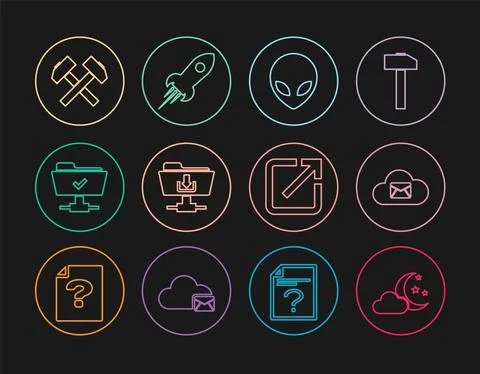 Set line Cloud with moon and stars, mail server, Alien, FTP folder download Stock Illustration