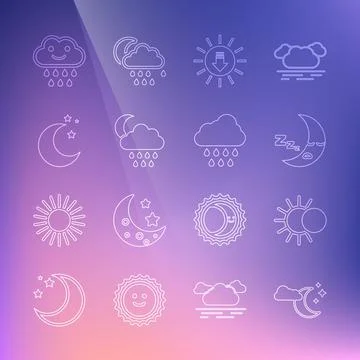 Set line Cloud with moon and stars, Eclipse of the sun, Moon icon, Sunset, rain Ilustração Stock