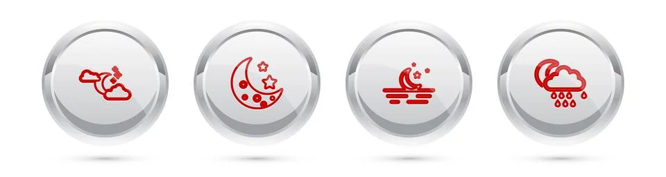 Set line Cloud with moon and stars, Moon, and rain. Silver circle button. Vector イラスト素材