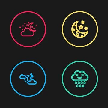 Set line Cloud with moon and stars, rain, Moon and icon. Vector Illustrazione stock