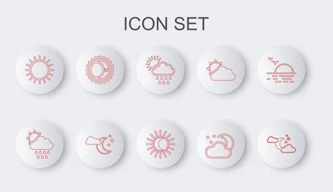 Set line Cloud with moon and stars, rain sun, Sun, Eclipse of the, and icon Ilustração Stock