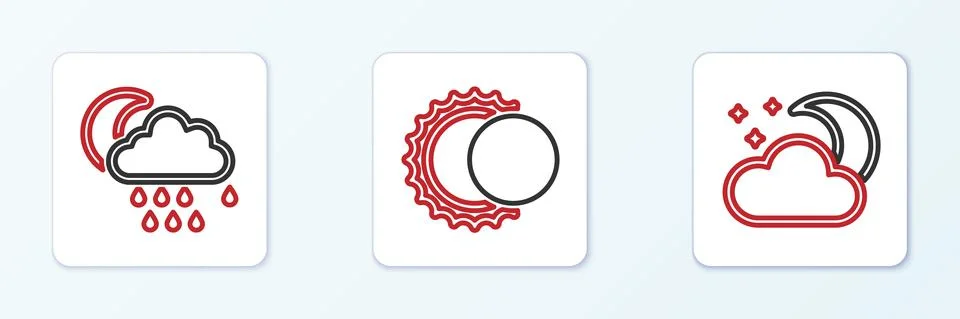 Set line Cloud with moon and stars, rain and Eclipse of the sun icon. Vector Ilustração Stock