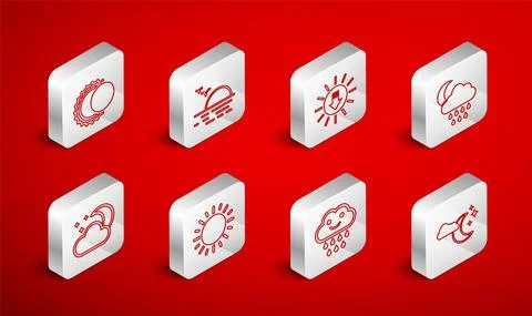 Set line Cloud with moon and stars, Sunset, rain, Eclipse of the sun, and icon Ilustração Stock