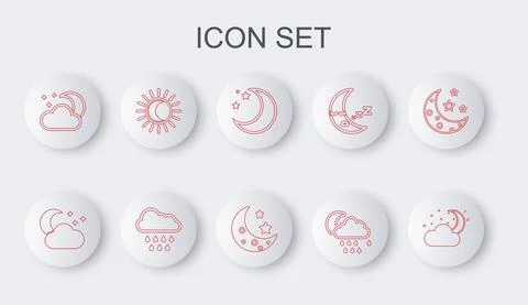 Set line Cloud with moon and stars, Moon, rain, Eclipse of the sun, and icon Ilustração Stock
