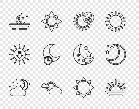 Set line Cloud with moon and stars, Sunset, Eclipse of the sun, cloud weather Ilustração Stock