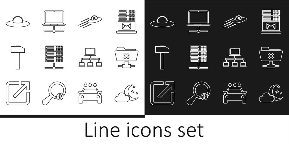 Set line Cloud with moon and stars, FTP cancel operation, UFO flying spaceship 스톡 일러스트